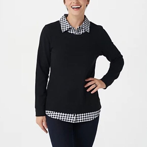 Denim & Co. French Terry Printed Collar and Hem Petite Top - Picture 1 of 3